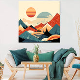 Painting by numbers - Minimalist landscape poster: mountains, sun, day and night, boho midcentury